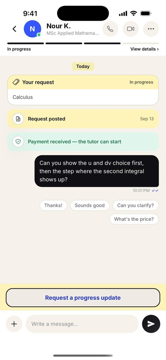 The iykno app: a calculus request in progress with a tutor, showing the request, that payment is held, and the student asking to see the integration-by-parts setup step by step.