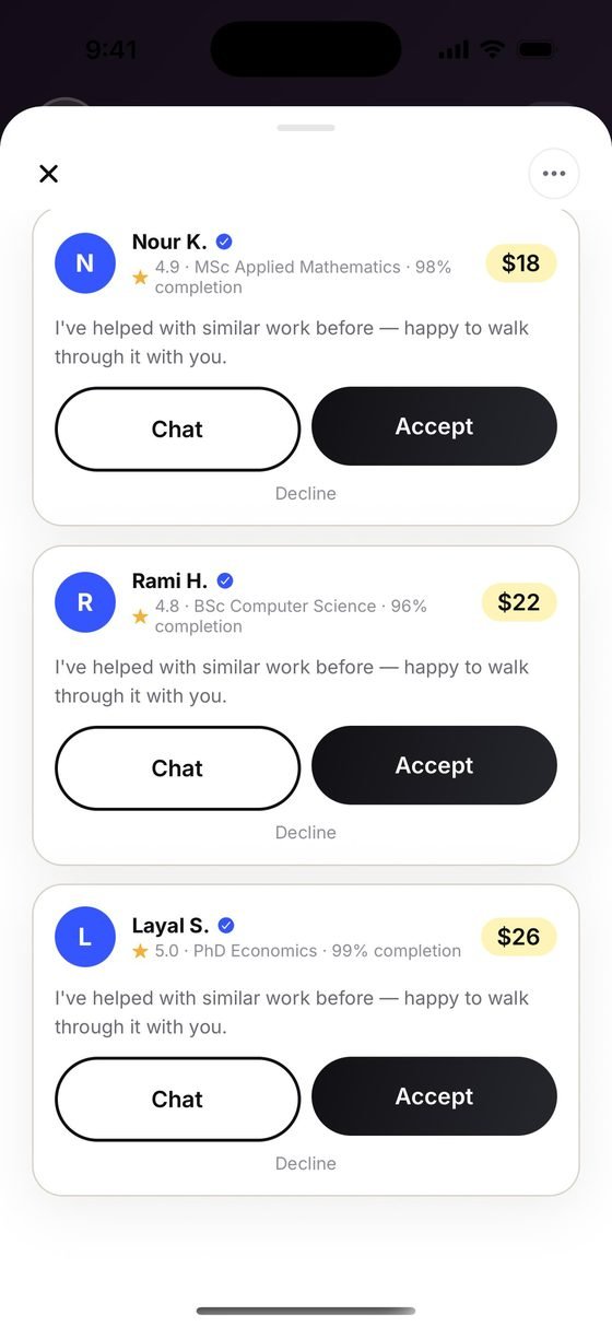 Three verified tutors bidding on a request, each showing a price, a rating and a completion rate.