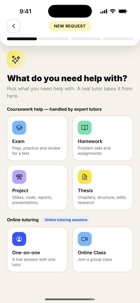 Choosing a request type in the app: exam, homework, project, thesis, one on one tutoring or an online class.