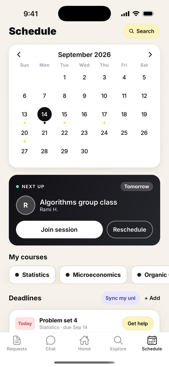 The schedule: a month calendar, the next live session, courses and upcoming deadlines.