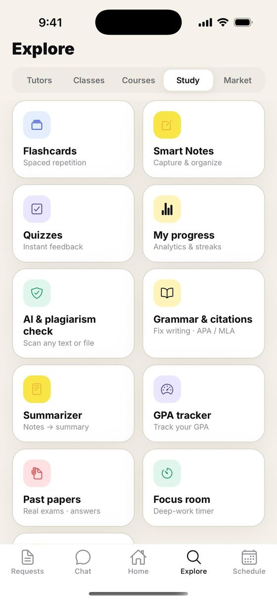 The study tools grid: flashcards, smart notes, quizzes, progress, plagiarism and AI check, grammar and citations, summarizer, GPA tracker, past papers and a focus room.